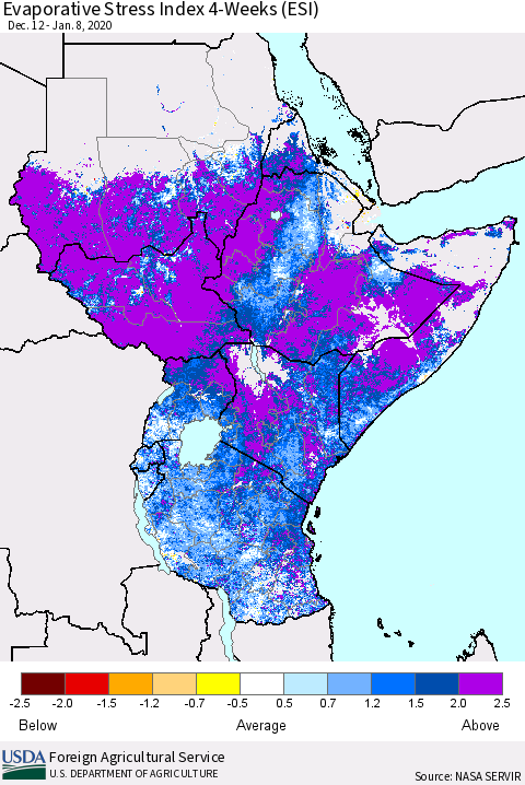 Eastern Africa Evaporative Stress Index (ESI), 4-Weeks Thematic Map For 1/6/2020 - 1/12/2020