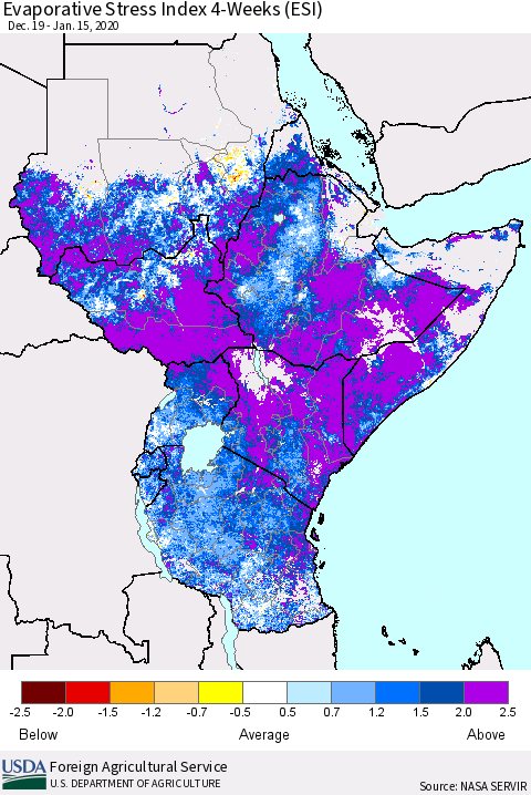 Eastern Africa Evaporative Stress Index (ESI), 4-Weeks Thematic Map For 1/13/2020 - 1/19/2020