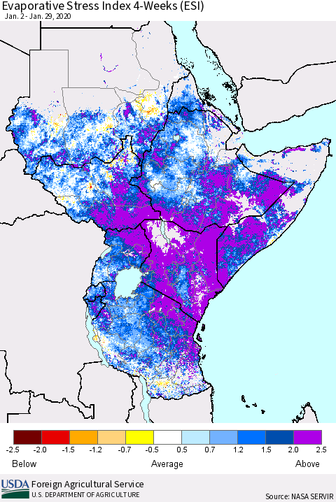 Eastern Africa Evaporative Stress Index (ESI), 4-Weeks Thematic Map For 1/27/2020 - 2/2/2020