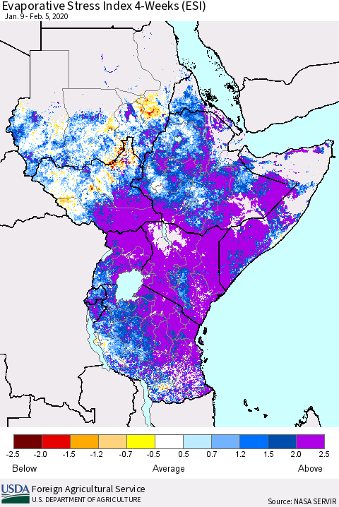 Eastern Africa Evaporative Stress Index (ESI), 4-Weeks Thematic Map For 2/3/2020 - 2/9/2020