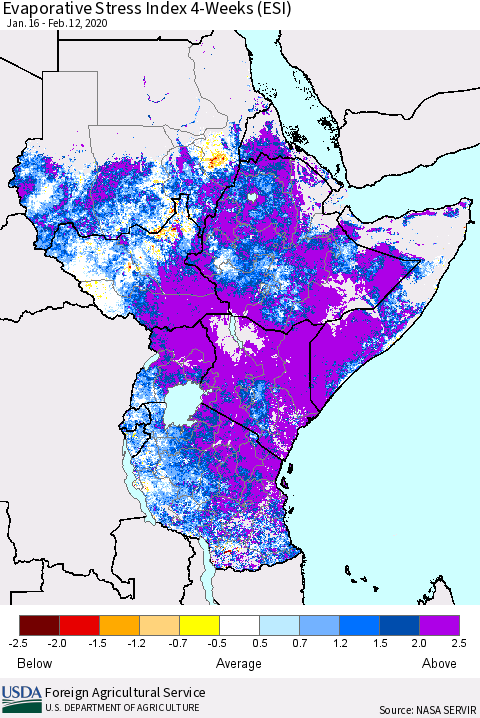 Eastern Africa Evaporative Stress Index (ESI), 4-Weeks Thematic Map For 2/10/2020 - 2/16/2020