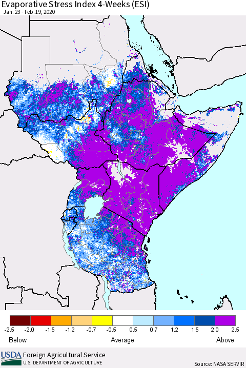 Eastern Africa Evaporative Stress Index (ESI), 4-Weeks Thematic Map For 2/17/2020 - 2/23/2020