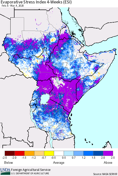 Eastern Africa Evaporative Stress Index (ESI), 4-Weeks Thematic Map For 3/2/2020 - 3/8/2020