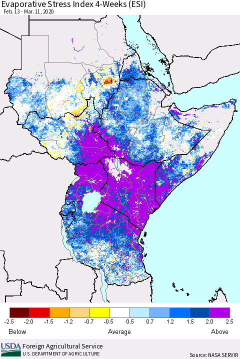Eastern Africa Evaporative Stress Index (ESI), 4-Weeks Thematic Map For 3/9/2020 - 3/15/2020