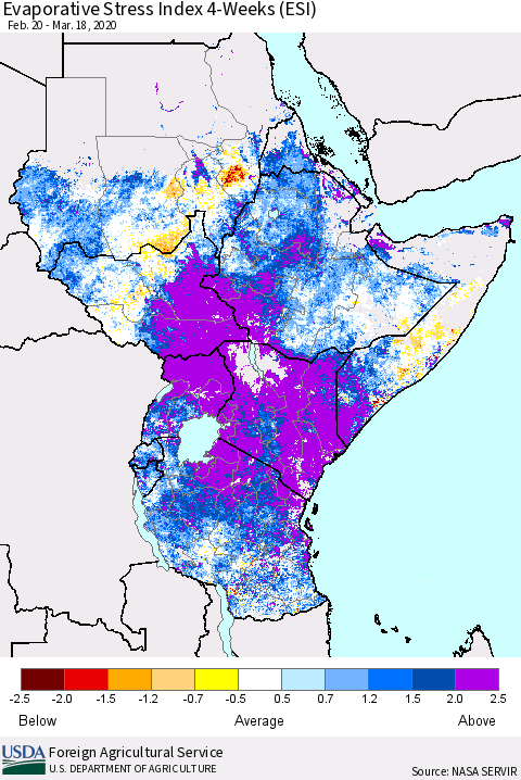 Eastern Africa Evaporative Stress Index (ESI), 4-Weeks Thematic Map For 3/16/2020 - 3/22/2020