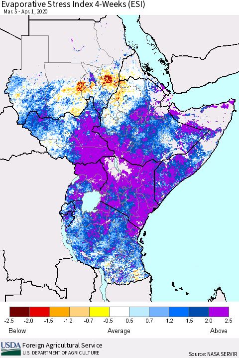 Eastern Africa Evaporative Stress Index (ESI), 4-Weeks Thematic Map For 3/30/2020 - 4/5/2020