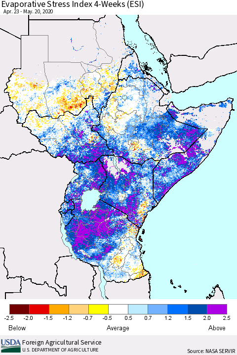 Eastern Africa Evaporative Stress Index (ESI), 4-Weeks Thematic Map For 5/18/2020 - 5/24/2020