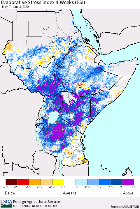 Eastern Africa Evaporative Stress Index (ESI), 4-Weeks Thematic Map For 6/1/2020 - 6/7/2020
