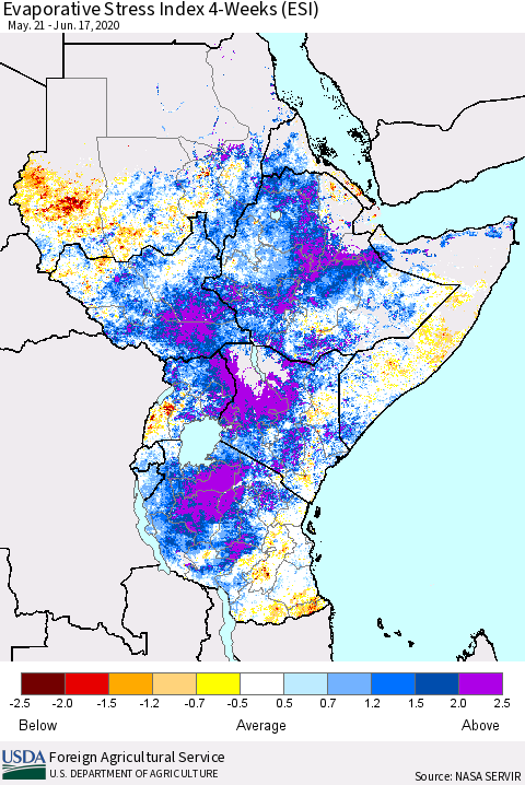 Eastern Africa Evaporative Stress Index (ESI), 4-Weeks Thematic Map For 6/15/2020 - 6/21/2020