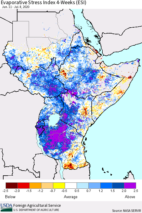 Eastern Africa Evaporative Stress Index (ESI), 4-Weeks Thematic Map For 7/6/2020 - 7/12/2020
