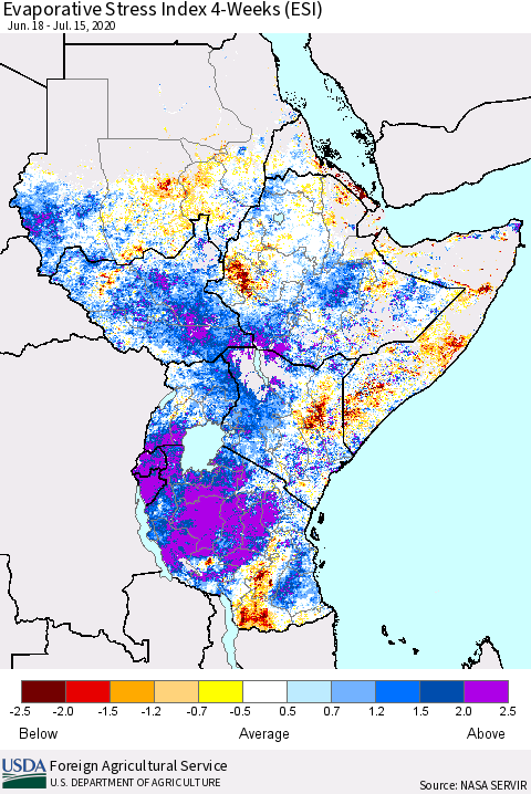 Eastern Africa Evaporative Stress Index (ESI), 4-Weeks Thematic Map For 7/13/2020 - 7/19/2020