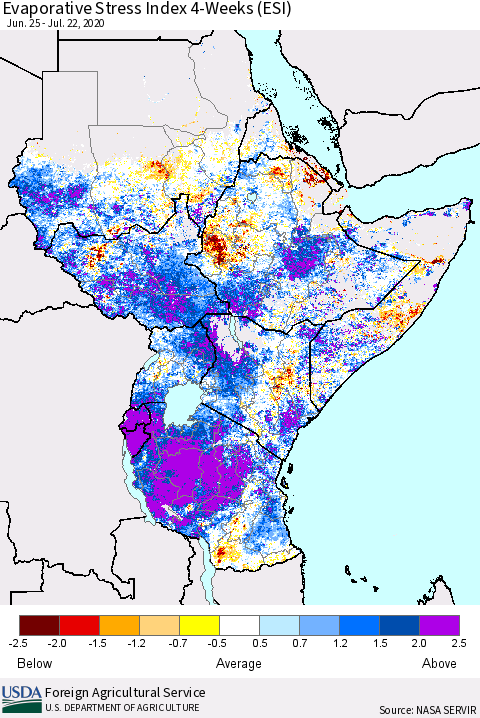 Eastern Africa Evaporative Stress Index (ESI), 4-Weeks Thematic Map For 7/20/2020 - 7/26/2020