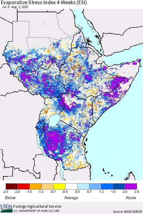 Eastern Africa Evaporative Stress Index (ESI), 4-Weeks Thematic Map For 8/3/2020 - 8/9/2020