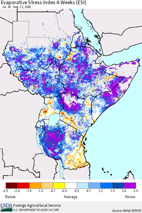 Eastern Africa Evaporative Stress Index (ESI), 4-Weeks Thematic Map For 8/10/2020 - 8/16/2020