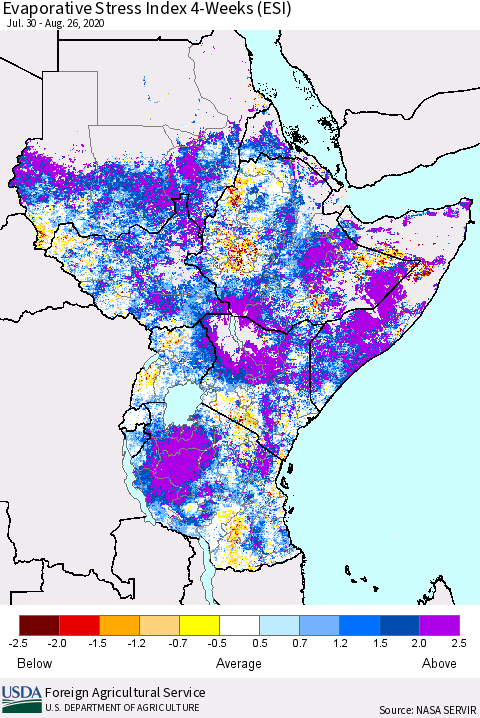 Eastern Africa Evaporative Stress Index (ESI), 4-Weeks Thematic Map For 8/24/2020 - 8/30/2020