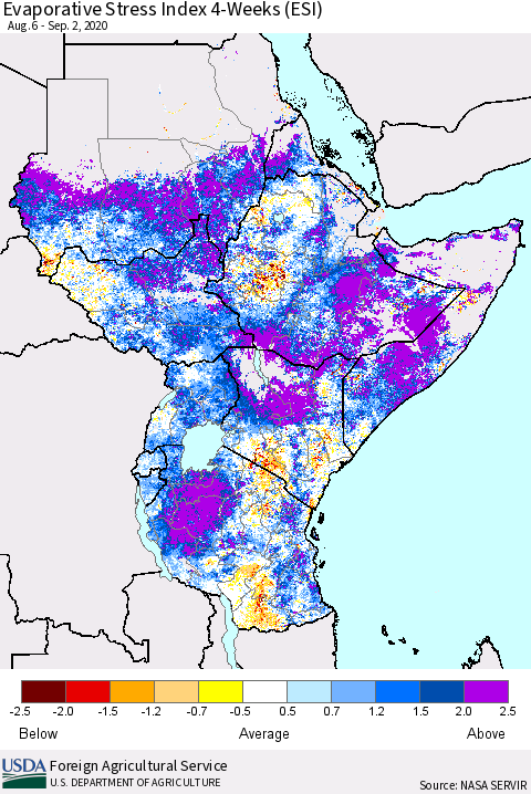 Eastern Africa Evaporative Stress Index (ESI), 4-Weeks Thematic Map For 8/31/2020 - 9/6/2020