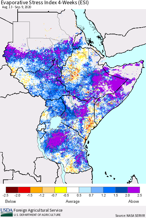 Eastern Africa Evaporative Stress Index (ESI), 4-Weeks Thematic Map For 9/7/2020 - 9/13/2020