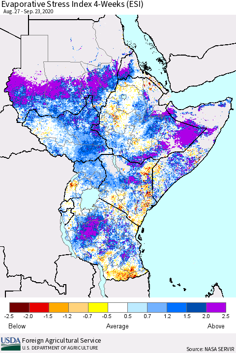 Eastern Africa Evaporative Stress Index (ESI), 4-Weeks Thematic Map For 9/21/2020 - 9/27/2020