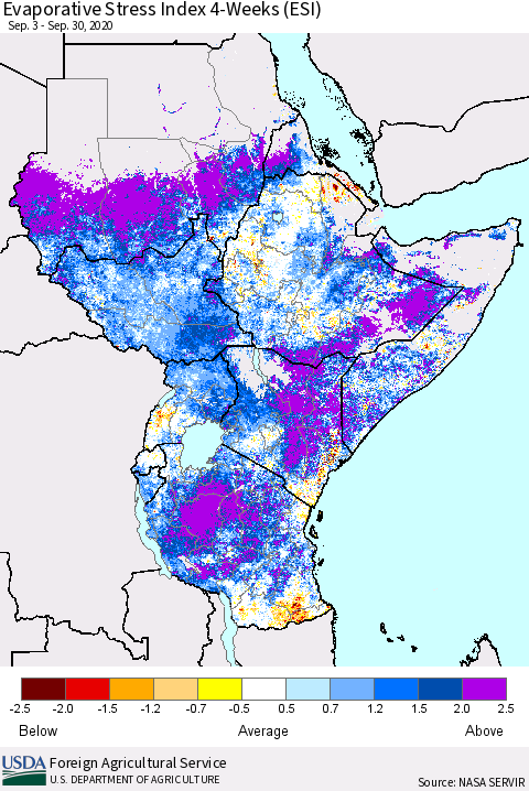 Eastern Africa Evaporative Stress Index (ESI), 4-Weeks Thematic Map For 9/28/2020 - 10/4/2020