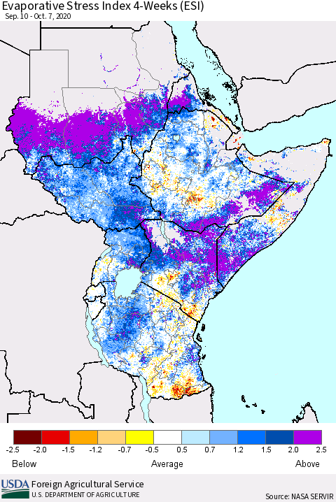 Eastern Africa Evaporative Stress Index (ESI), 4-Weeks Thematic Map For 10/5/2020 - 10/11/2020