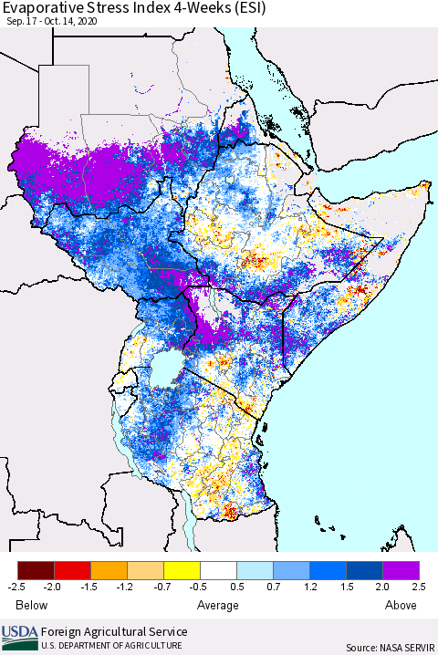 Eastern Africa Evaporative Stress Index (ESI), 4-Weeks Thematic Map For 10/12/2020 - 10/18/2020