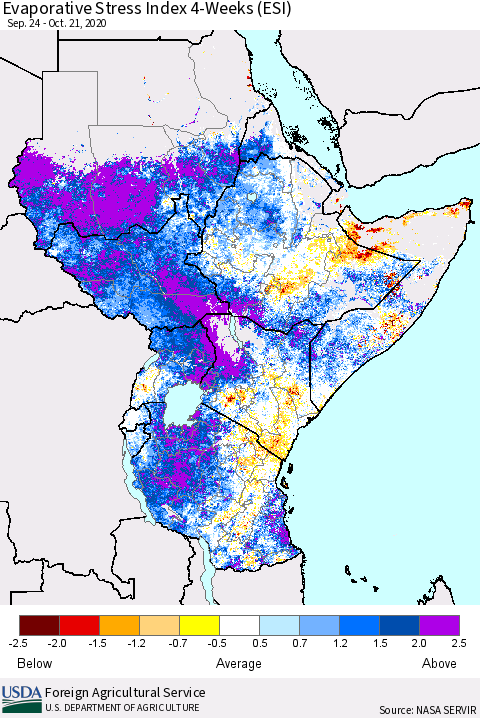Eastern Africa Evaporative Stress Index (ESI), 4-Weeks Thematic Map For 10/19/2020 - 10/25/2020