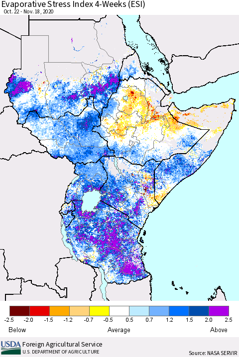 Eastern Africa Evaporative Stress Index (ESI), 4-Weeks Thematic Map For 11/16/2020 - 11/22/2020