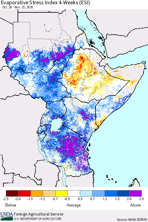 Eastern Africa Evaporative Stress Index (ESI), 4-Weeks Thematic Map For 11/23/2020 - 11/29/2020