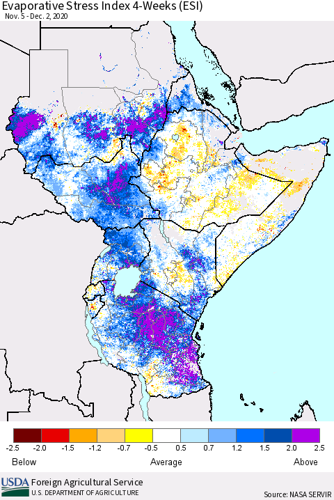Eastern Africa Evaporative Stress Index (ESI), 4-Weeks Thematic Map For 11/30/2020 - 12/6/2020