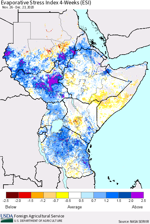 Eastern Africa Evaporative Stress Index (ESI), 4-Weeks Thematic Map For 12/21/2020 - 12/27/2020