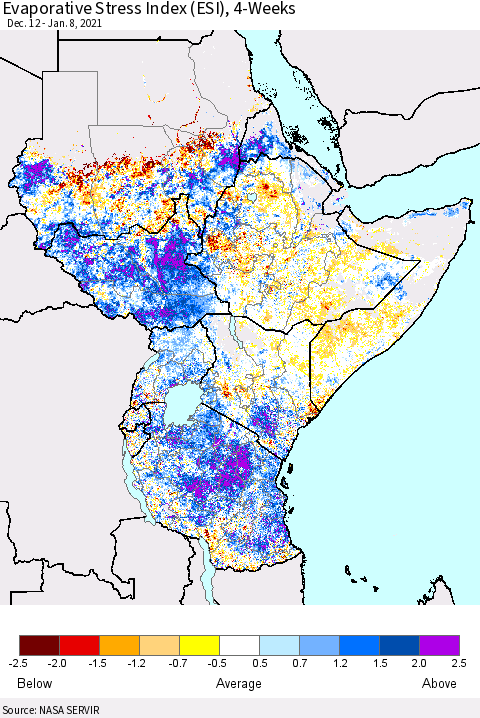 Eastern Africa Evaporative Stress Index (ESI), 4-Weeks Thematic Map For 1/4/2021 - 1/10/2021
