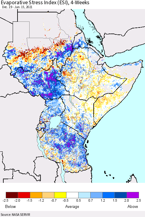 Eastern Africa Evaporative Stress Index (ESI), 4-Weeks Thematic Map For 1/11/2021 - 1/17/2021