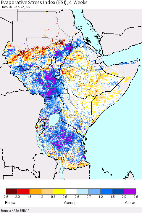 Eastern Africa Evaporative Stress Index (ESI), 4-Weeks Thematic Map For 1/18/2021 - 1/24/2021