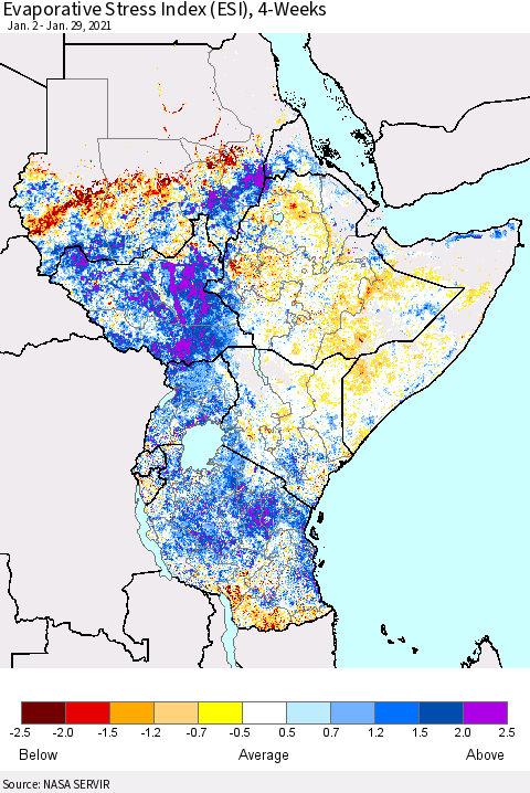 Eastern Africa Evaporative Stress Index (ESI), 4-Weeks Thematic Map For 1/25/2021 - 1/31/2021