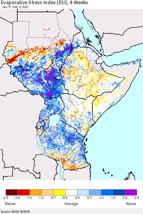 Eastern Africa Evaporative Stress Index (ESI), 4-Weeks Thematic Map For 2/1/2021 - 2/7/2021