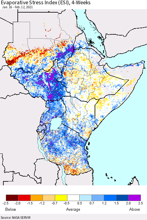 Eastern Africa Evaporative Stress Index (ESI), 4-Weeks Thematic Map For 2/8/2021 - 2/14/2021