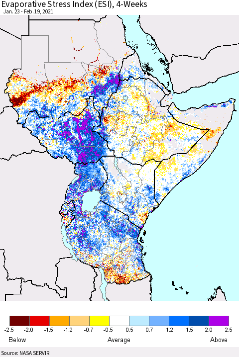 Eastern Africa Evaporative Stress Index (ESI), 4-Weeks Thematic Map For 2/15/2021 - 2/21/2021