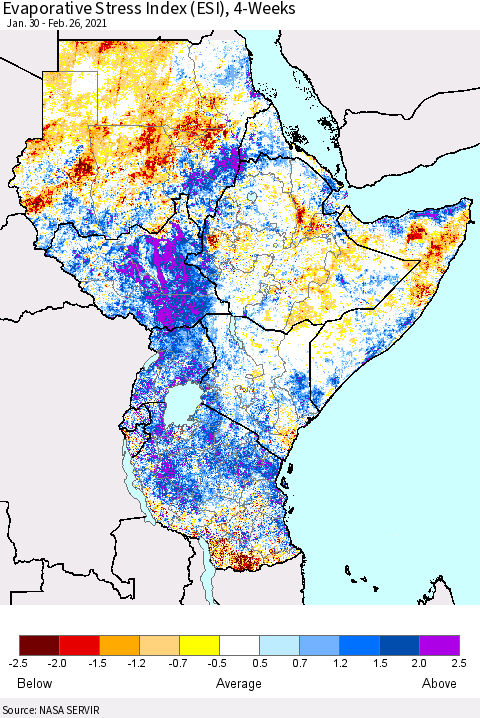 Eastern Africa Evaporative Stress Index (ESI), 4-Weeks Thematic Map For 2/22/2021 - 2/28/2021