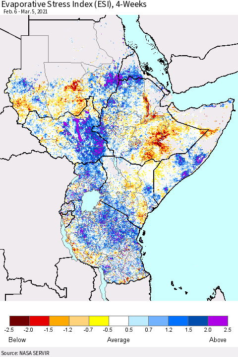 Eastern Africa Evaporative Stress Index (ESI), 4-Weeks Thematic Map For 3/1/2021 - 3/7/2021