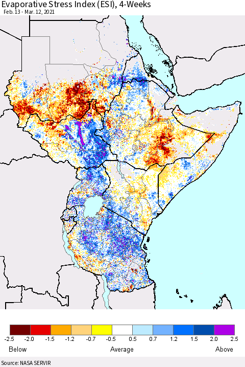 Eastern Africa Evaporative Stress Index (ESI), 4-Weeks Thematic Map For 3/8/2021 - 3/14/2021
