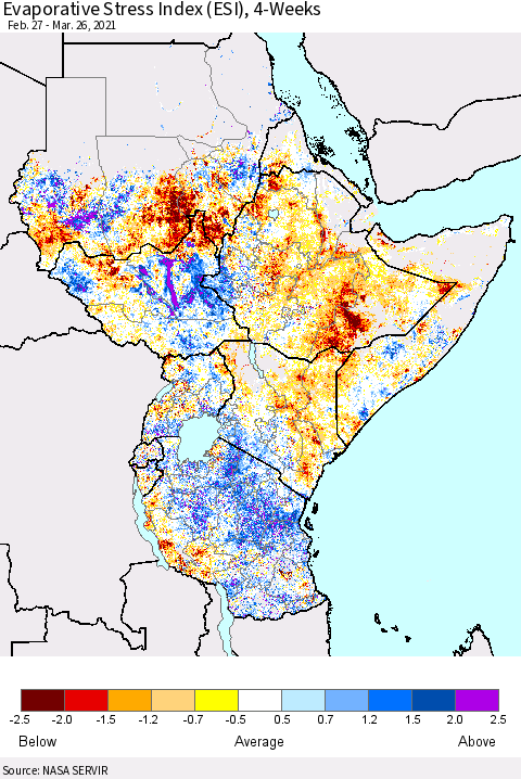 Eastern Africa Evaporative Stress Index (ESI), 4-Weeks Thematic Map For 3/22/2021 - 3/28/2021