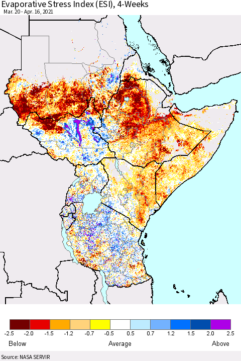 Eastern Africa Evaporative Stress Index (ESI), 4-Weeks Thematic Map For 4/12/2021 - 4/18/2021