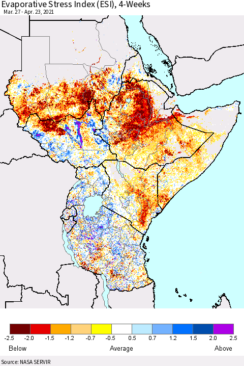 Eastern Africa Evaporative Stress Index (ESI), 4-Weeks Thematic Map For 4/19/2021 - 4/25/2021