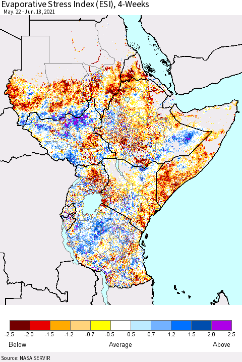 Eastern Africa Evaporative Stress Index (ESI), 4-Weeks Thematic Map For 6/14/2021 - 6/20/2021