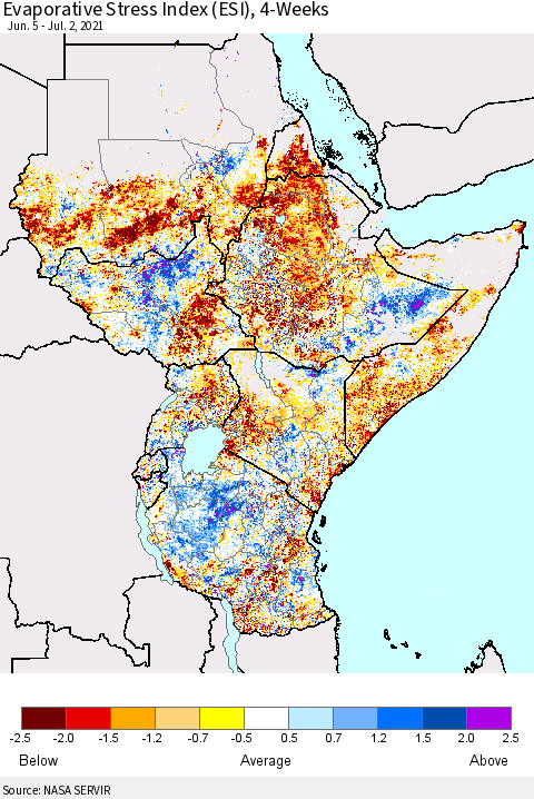 Eastern Africa Evaporative Stress Index (ESI), 4-Weeks Thematic Map For 6/28/2021 - 7/4/2021