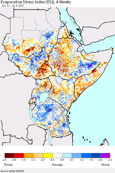 Eastern Africa Evaporative Stress Index (ESI), 4-Weeks Thematic Map For 7/5/2021 - 7/11/2021
