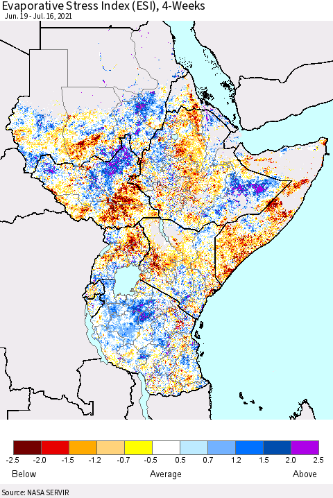 Eastern Africa Evaporative Stress Index (ESI), 4-Weeks Thematic Map For 7/12/2021 - 7/18/2021