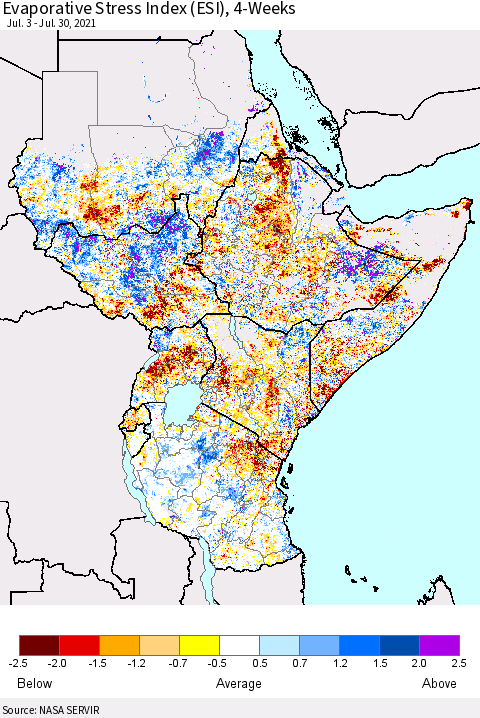 Eastern Africa Evaporative Stress Index (ESI), 4-Weeks Thematic Map For 7/26/2021 - 8/1/2021