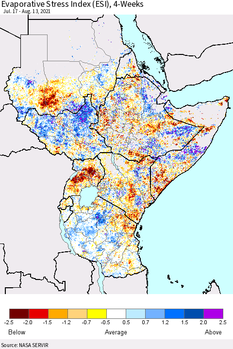 Eastern Africa Evaporative Stress Index (ESI), 4-Weeks Thematic Map For 8/9/2021 - 8/15/2021