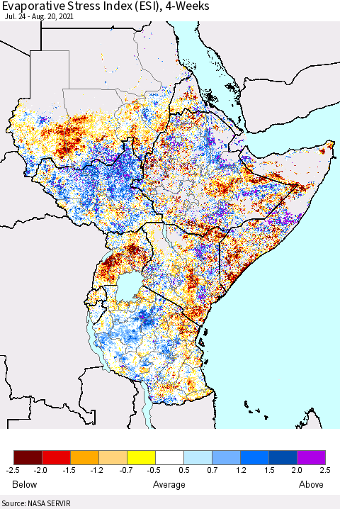 Eastern Africa Evaporative Stress Index (ESI), 4-Weeks Thematic Map For 8/16/2021 - 8/22/2021